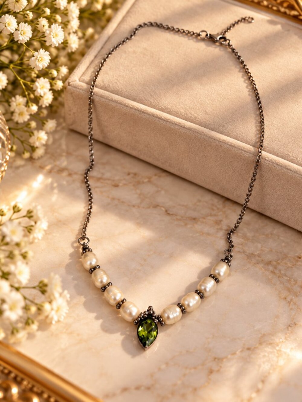 Elegant Pearl Beaded Necklace with Green Teardrop Crystal Pendant Description: